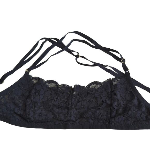HAH Hot-As-Hell Bra Medium Black Lace Sheer Sexy Strappy Don’t Cross Me Halter - Picture 1 of 7